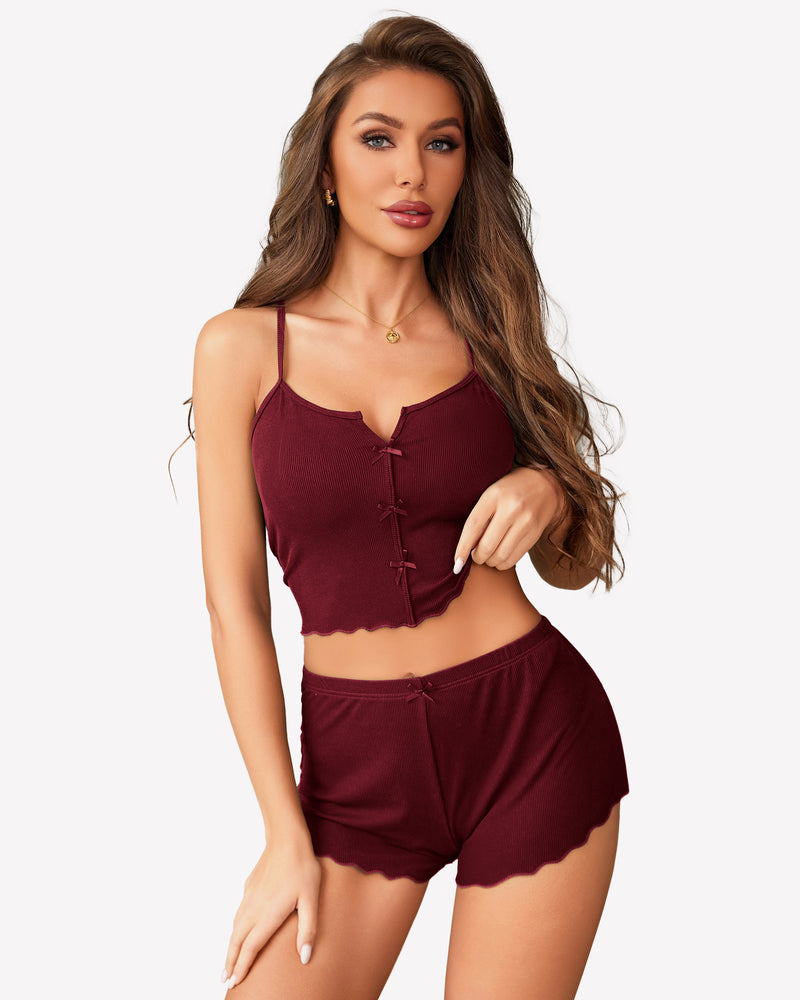 Burgundy ribbed cami pajama set with bow details and lettuce trim hem, comfortable sleepwear