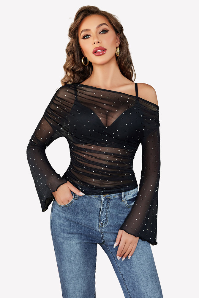 Mesh top long sleeve off the shoulder shirts with rhinestone accents, a stylish and sexy look.