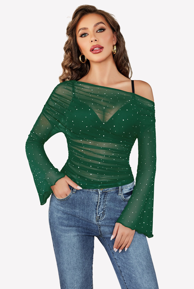 Green mesh off-shoulder top with rhinestone accents and bell sleeves, a stylish and sexy look.
