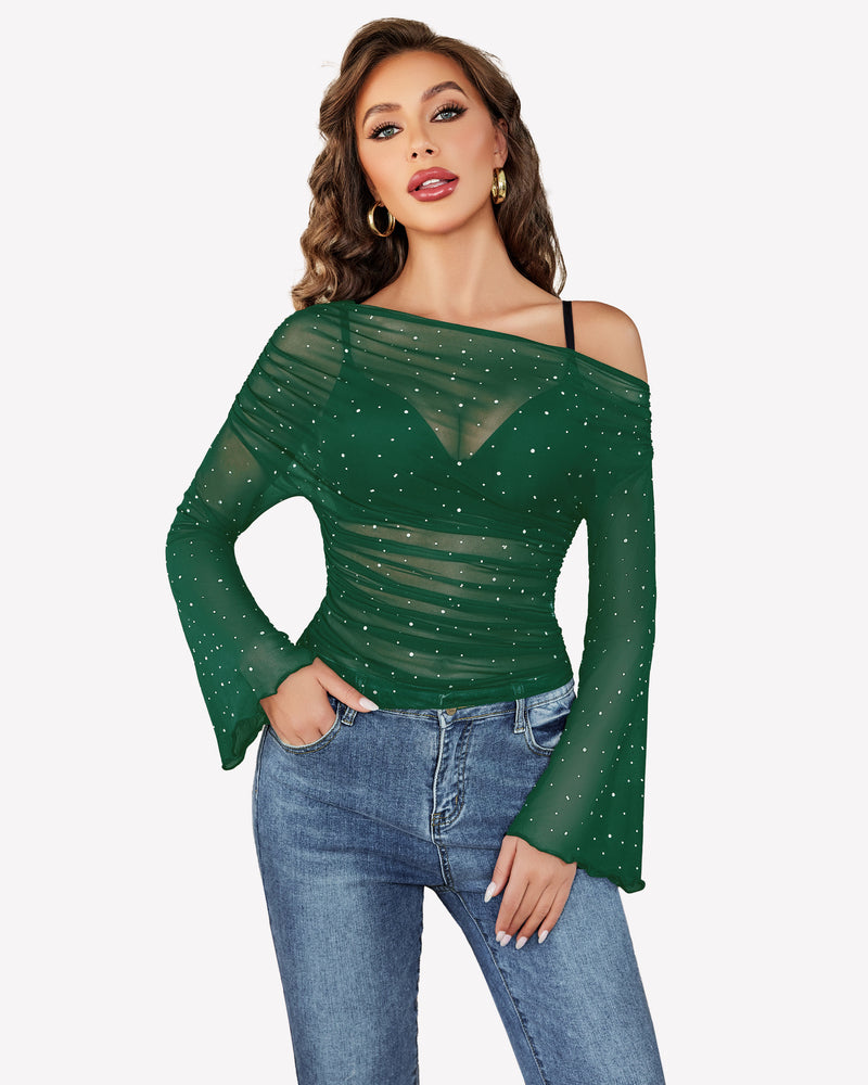 Green mesh off-shoulder top with rhinestone accents and bell sleeves, a stylish and sexy look.