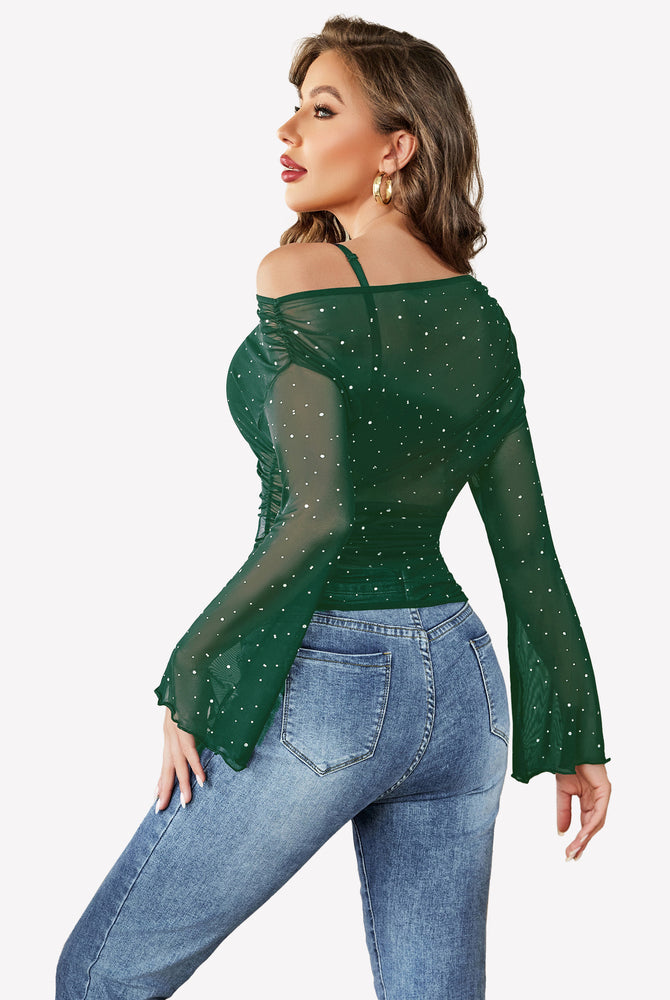 Green mesh off-shoulder top with rhinestone accents, bell sleeves, and lettuce trim