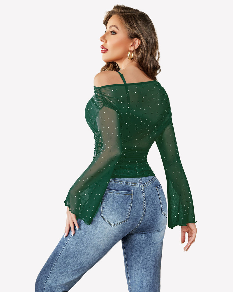 Green mesh off-shoulder top with rhinestone accents, bell sleeves, and lettuce trim
