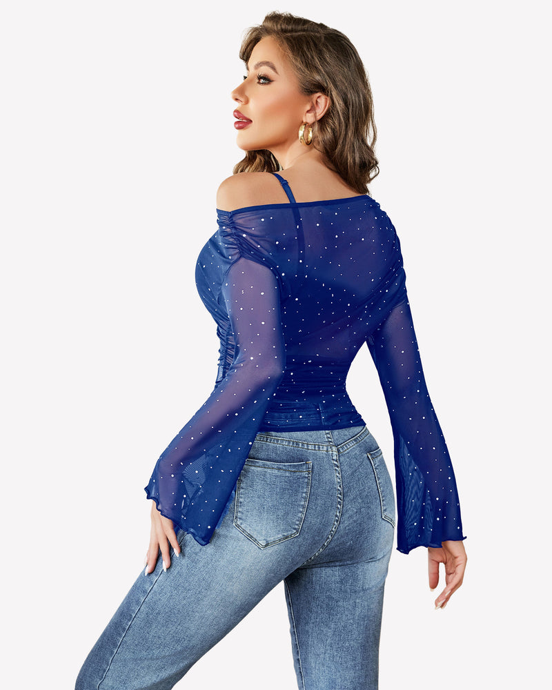 Blue mesh off-shoulder top with rhinestone accents and bell sleeves, a stylish and sexy look.