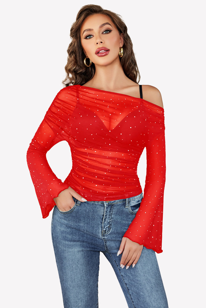 Red mesh off-shoulder top with rhinestone accents and bell sleeves, a stylish and sexy look.