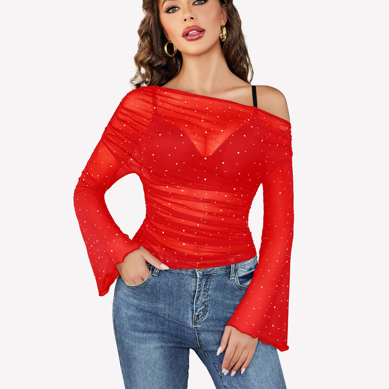 Red mesh off-shoulder top with rhinestone accents and bell sleeves, a stylish and sexy look.