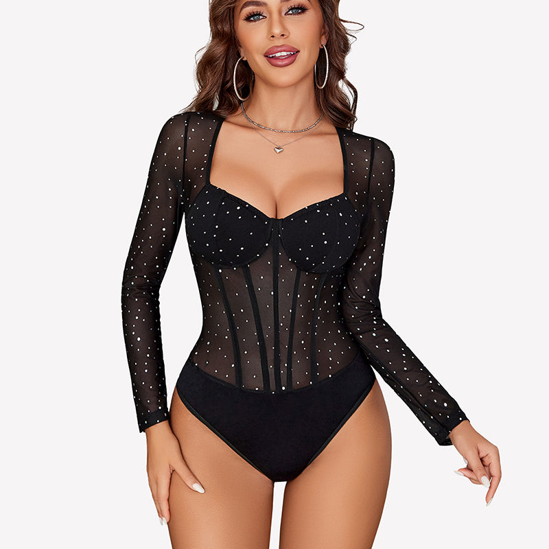 Long Sleeve Bodysuit Sparkle Mesh Top