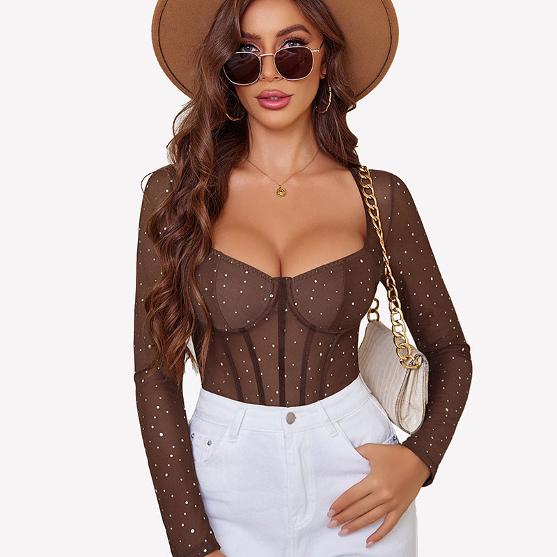 Long Sleeve Bodysuit Sparkle Mesh Top