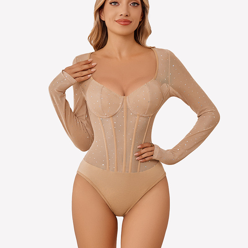 Long Sleeve Bodysuit Sparkle Mesh Top