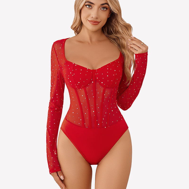 Long Sleeve Bodysuit Sparkle Mesh Top