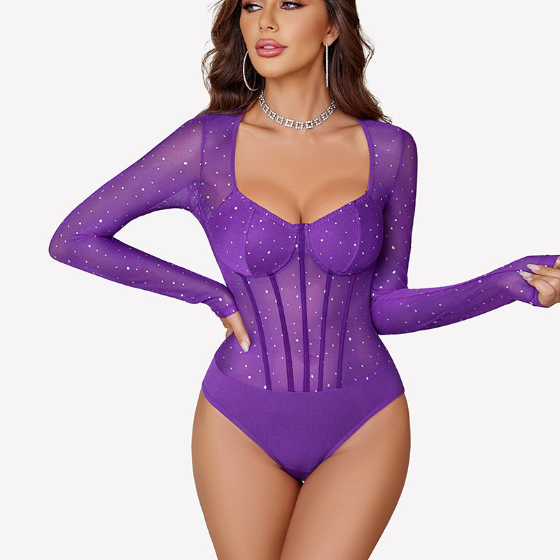 Long Sleeve Bodysuit Sparkle Mesh Top