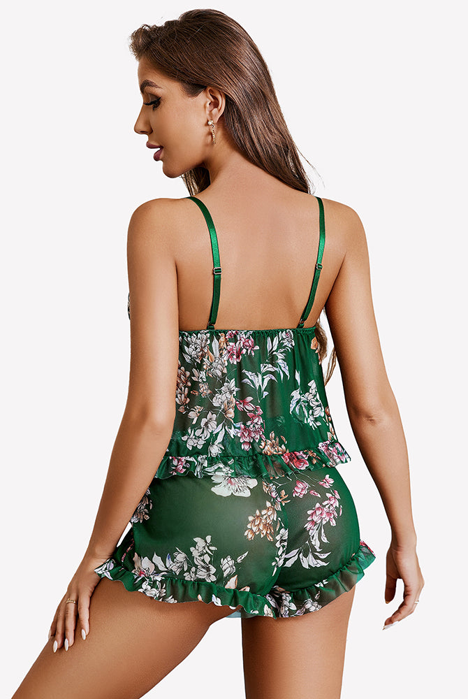 Green floral mesh cami lingerie set with ruffled shorts. Avidlove nightwear.