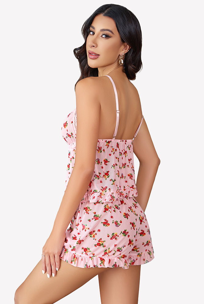 Pink floral mesh cami lingerie set with deep V-neck and ruffled shorts. Avidlove nightwear.