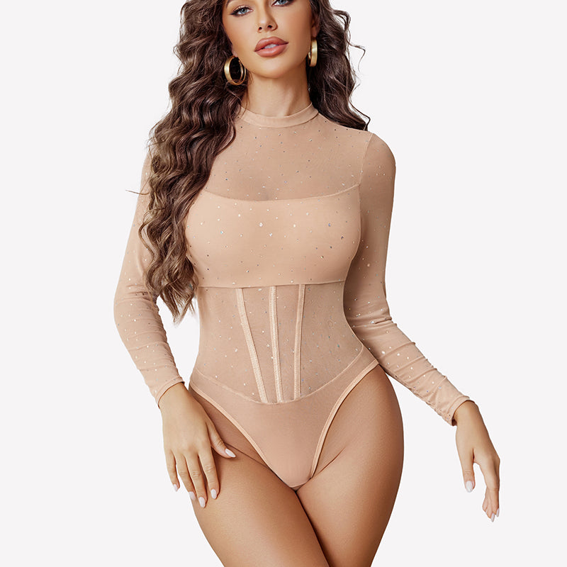 Long Sleeve Sheer Rhinestone Bodysuit