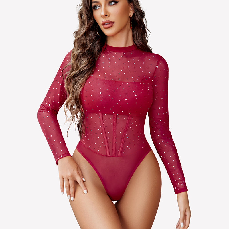 Long Sleeve Sheer Rhinestone Bodysuit