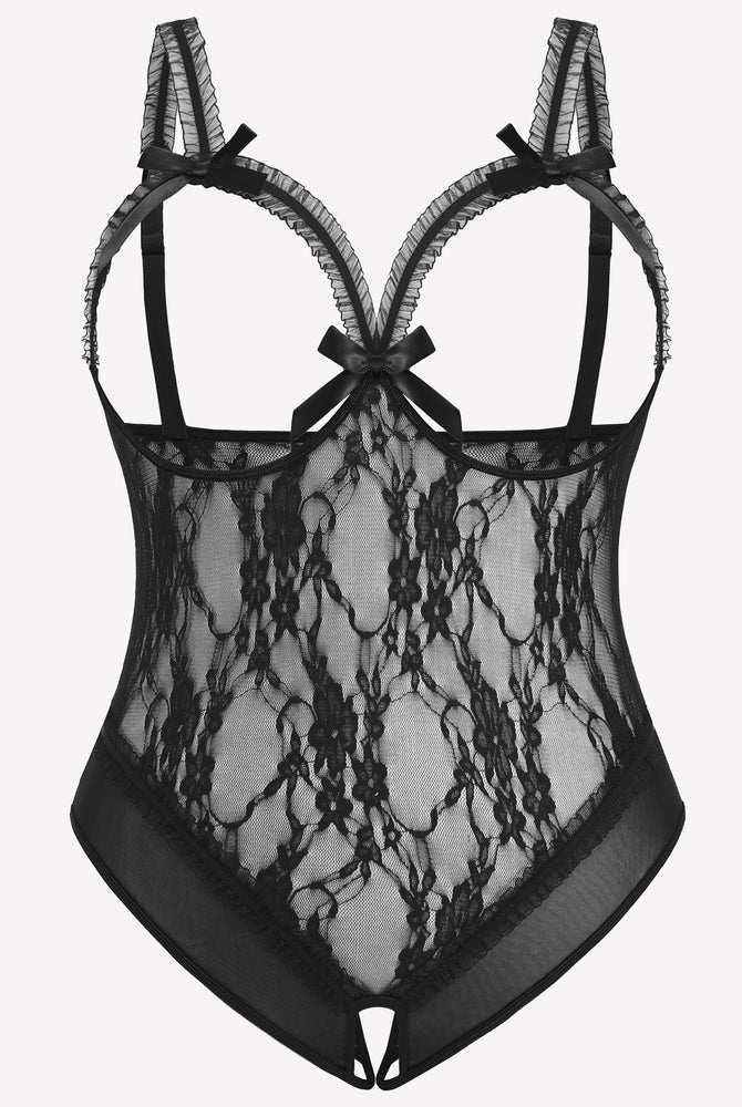 Black lace plus size crotchless teddy with adjustable straps and bow details