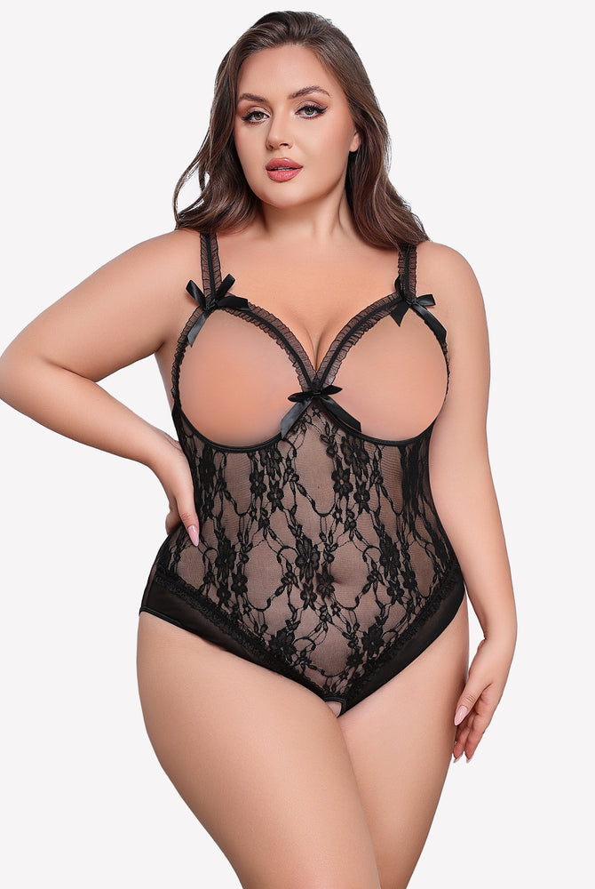 Plus Size Crotchless Black Lace Teddy with Bows and Adjustable Straps