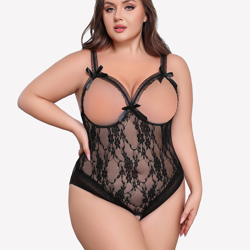 Plus Size Crotchless Black Lace Teddy with Bows and Adjustable Straps