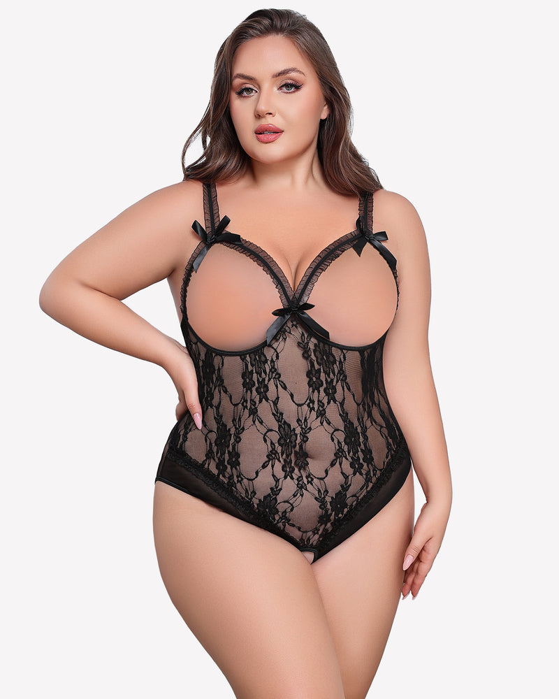 Plus Size Crotchless Black Lace Teddy with Bows and Adjustable Straps
