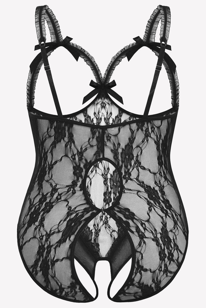 Black Lace Plus Size Crotchless Teddy with Bows and Adjustable Straps