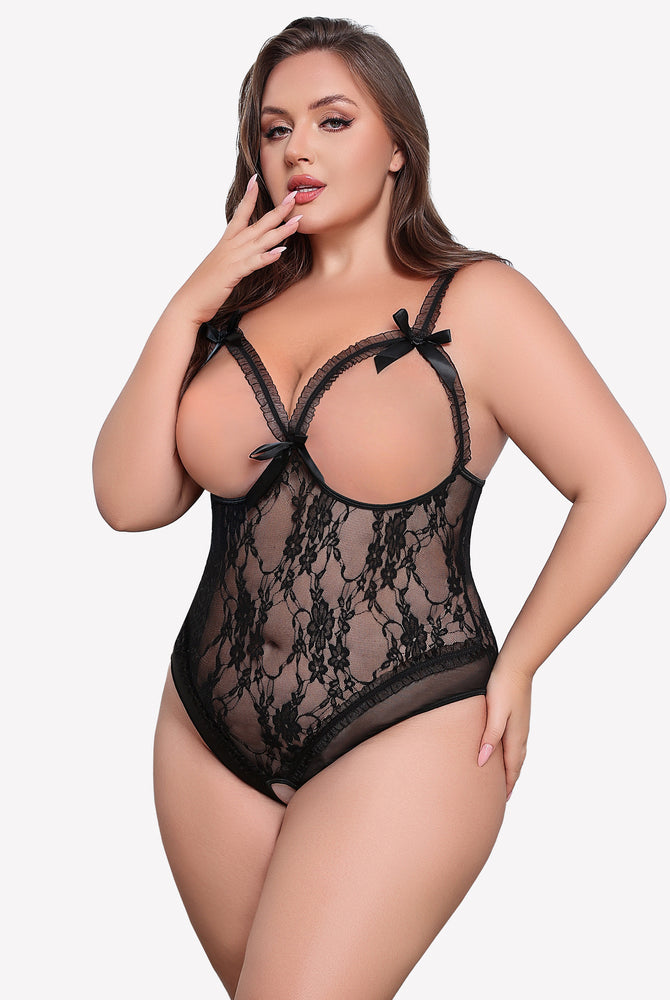 Plus Size Black Lace Crotchless Teddy with Bows and Adjustable Straps