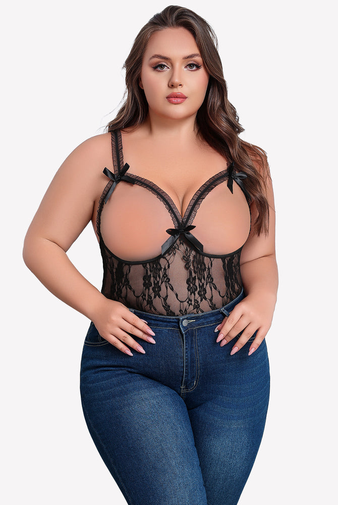 Plus Size Black Lace Crotchless Teddy with Adjustable Straps and Bows