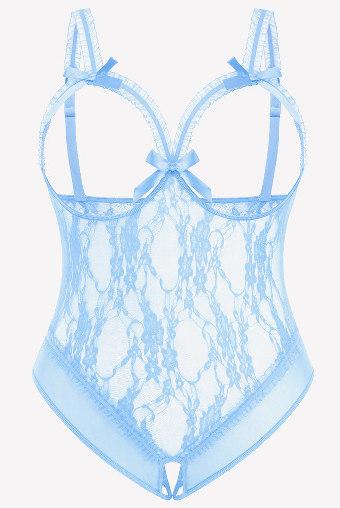 Light Blue Plus Size Lace Crotchless Teddy with Bows and Adjustable Straps