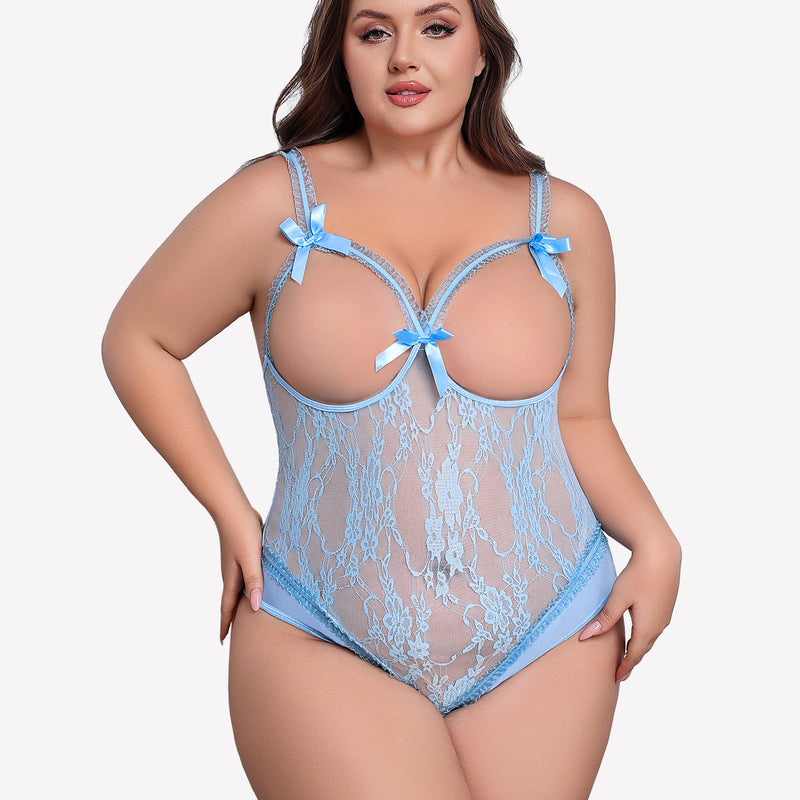 Plus Size Light Blue Lace Crotchless Teddy with Bows and Adjustable Straps