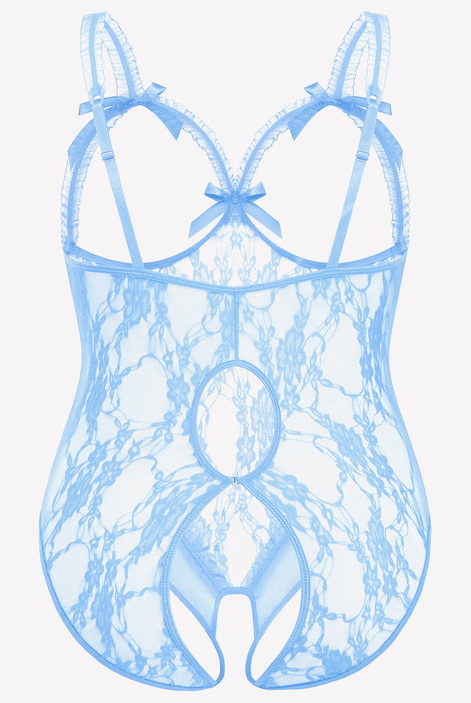 Light Blue Plus Size Crotchless Lace Teddy with Bows and Adjustable Straps