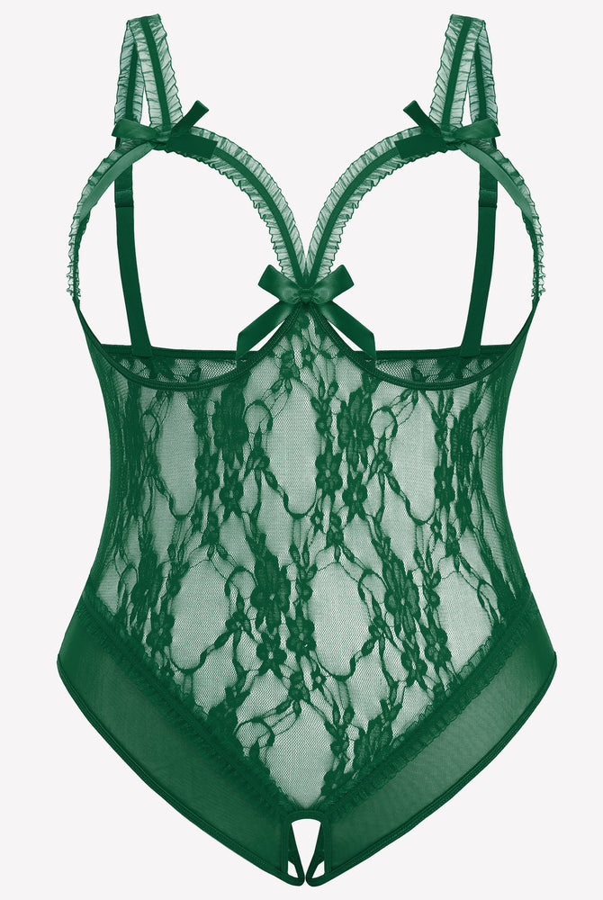 Emerald Green Plus Size Crotchless Lace Teddy with Bows and Adjustable Straps
