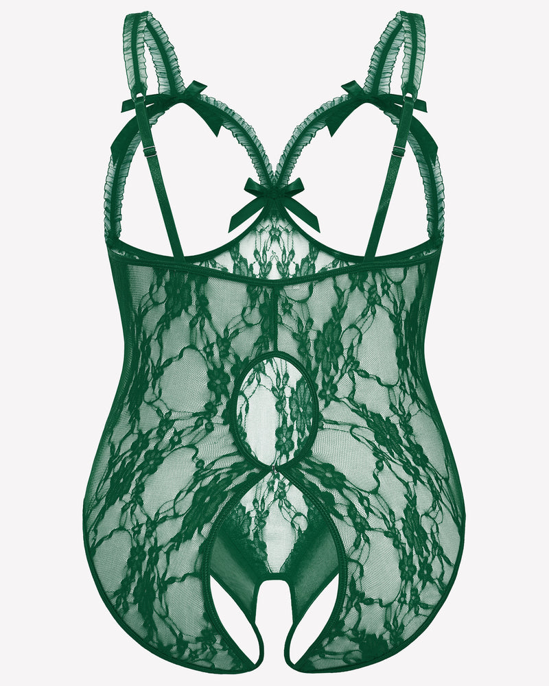 Plus Size Emerald Green Lace Crotchless Teddy with Bows and Adjustable Straps