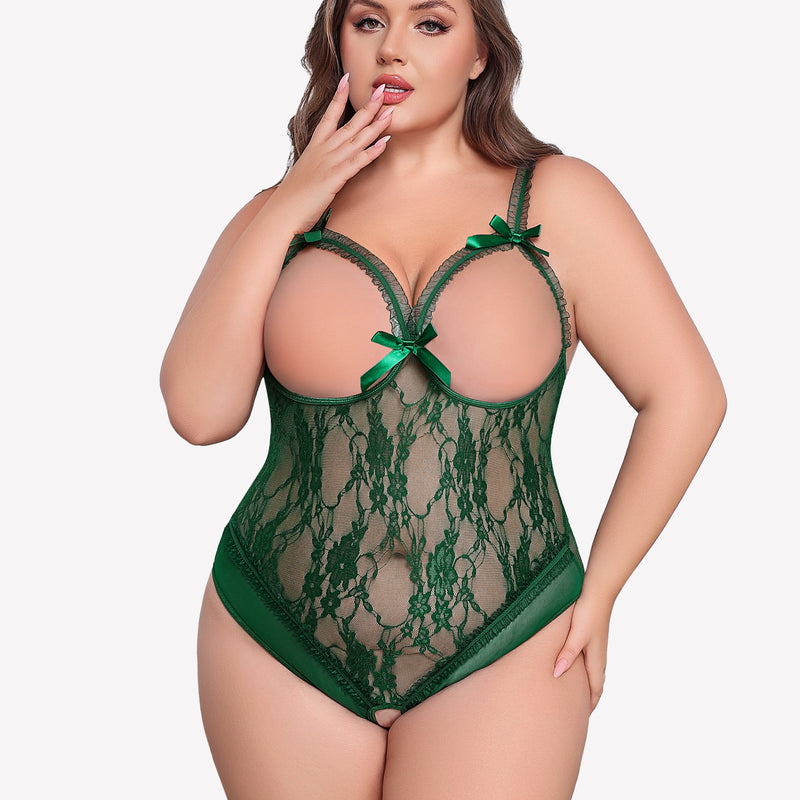 Plus Size Green Lace Crotchless Teddy with Bows and Adjustable Straps