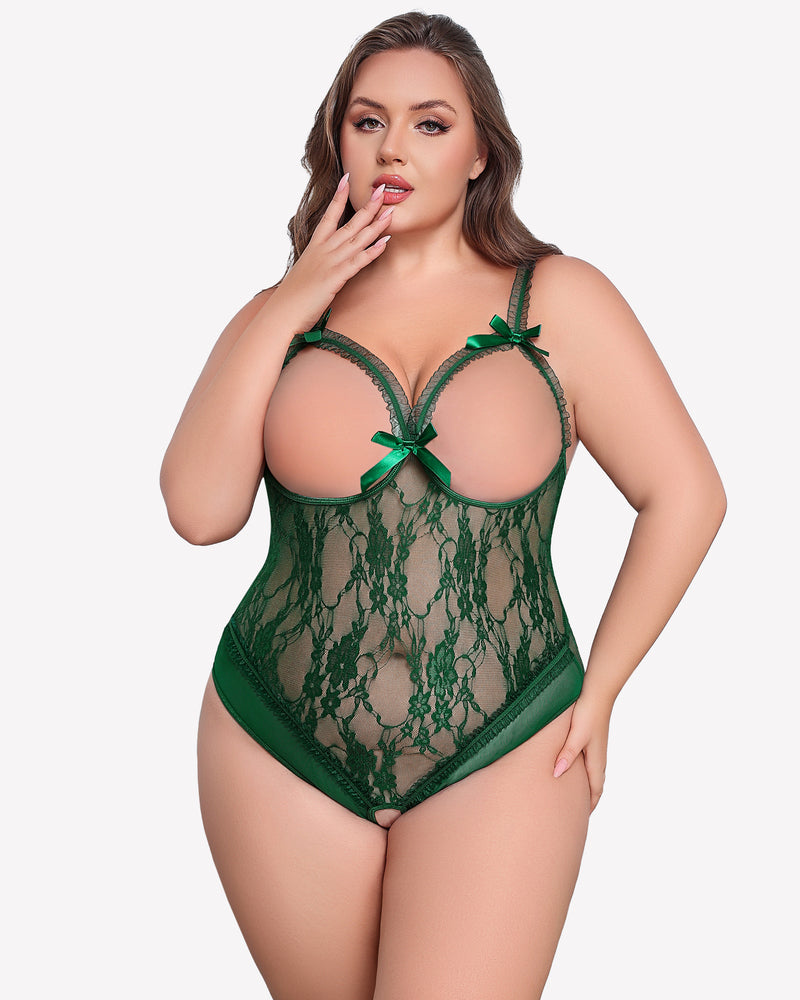 Plus Size Green Lace Crotchless Teddy with Bows and Adjustable Straps