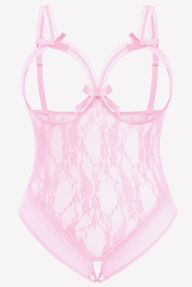 Pink lace plus size crotchless teddy with adjustable straps and bow details