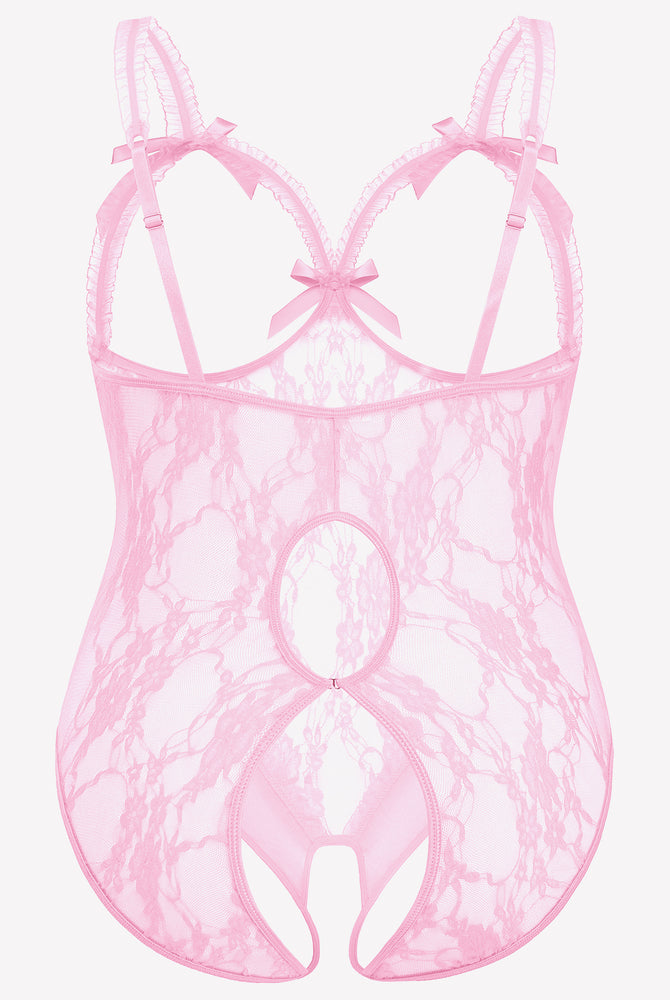 Plus size pink lace crotchless teddy with adjustable straps and bow details