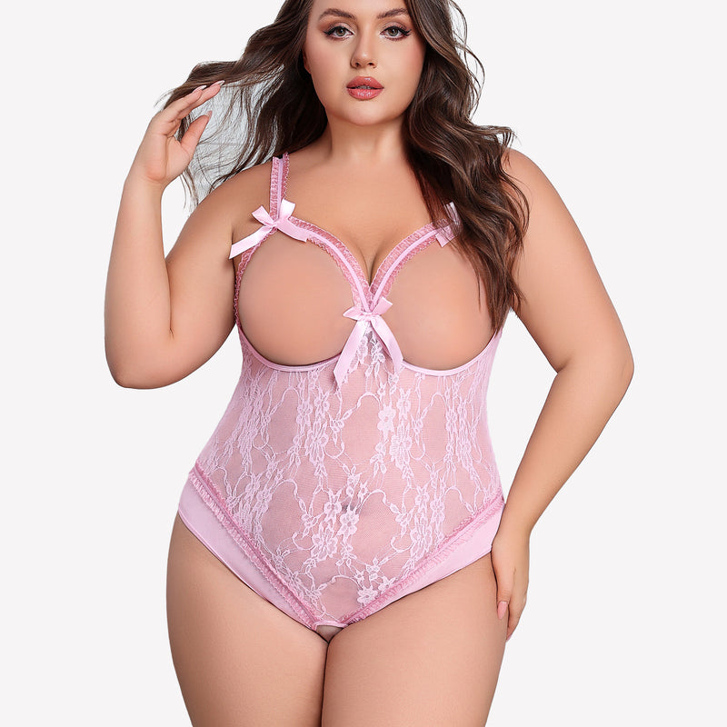 Plus Size Light Pink Lace Crotchless Teddy with Bows and Adjustable Straps