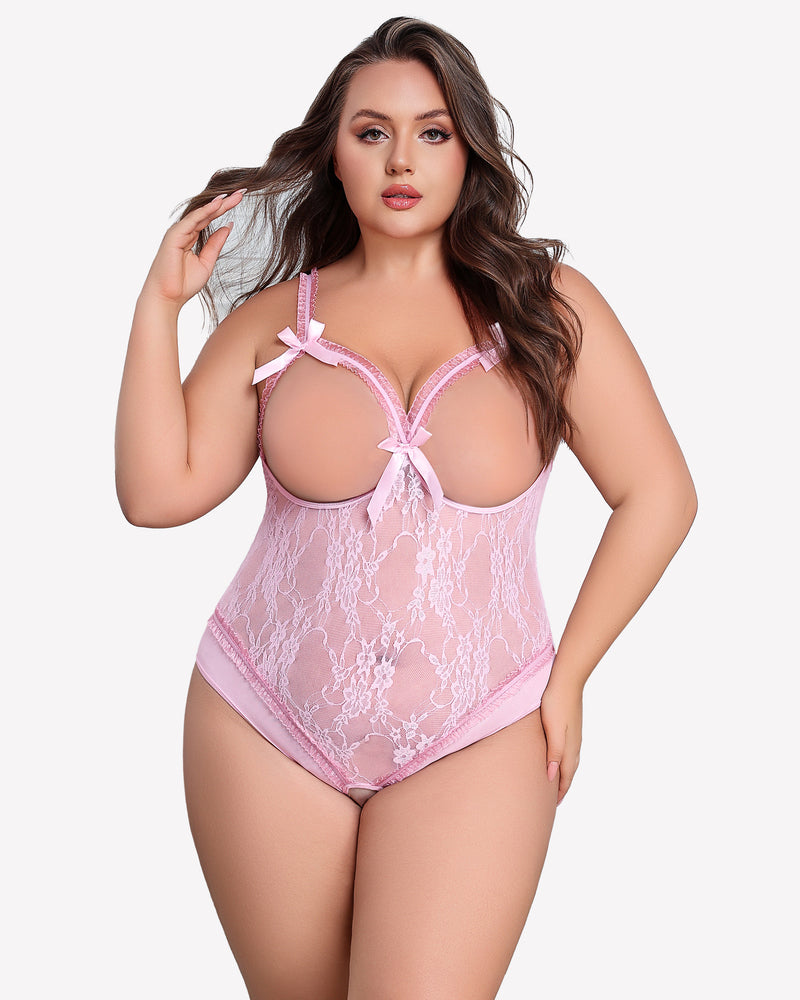 Plus Size Light Pink Lace Crotchless Teddy with Bows and Adjustable Straps