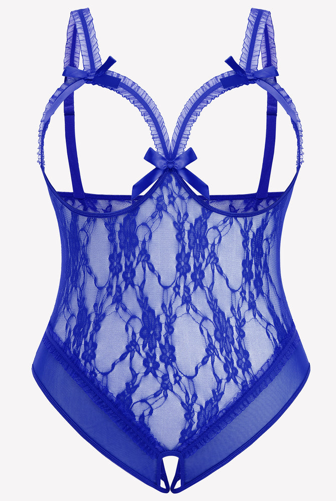 Plus Size Blue Lace Crotchless Teddy with Adjustable Straps and Bows