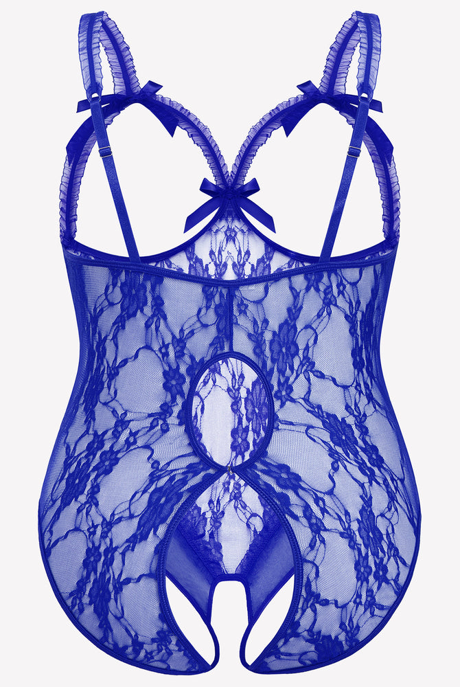 Royal Blue Plus Size Lace Crotchless Teddy with Bows and Adjustable Straps