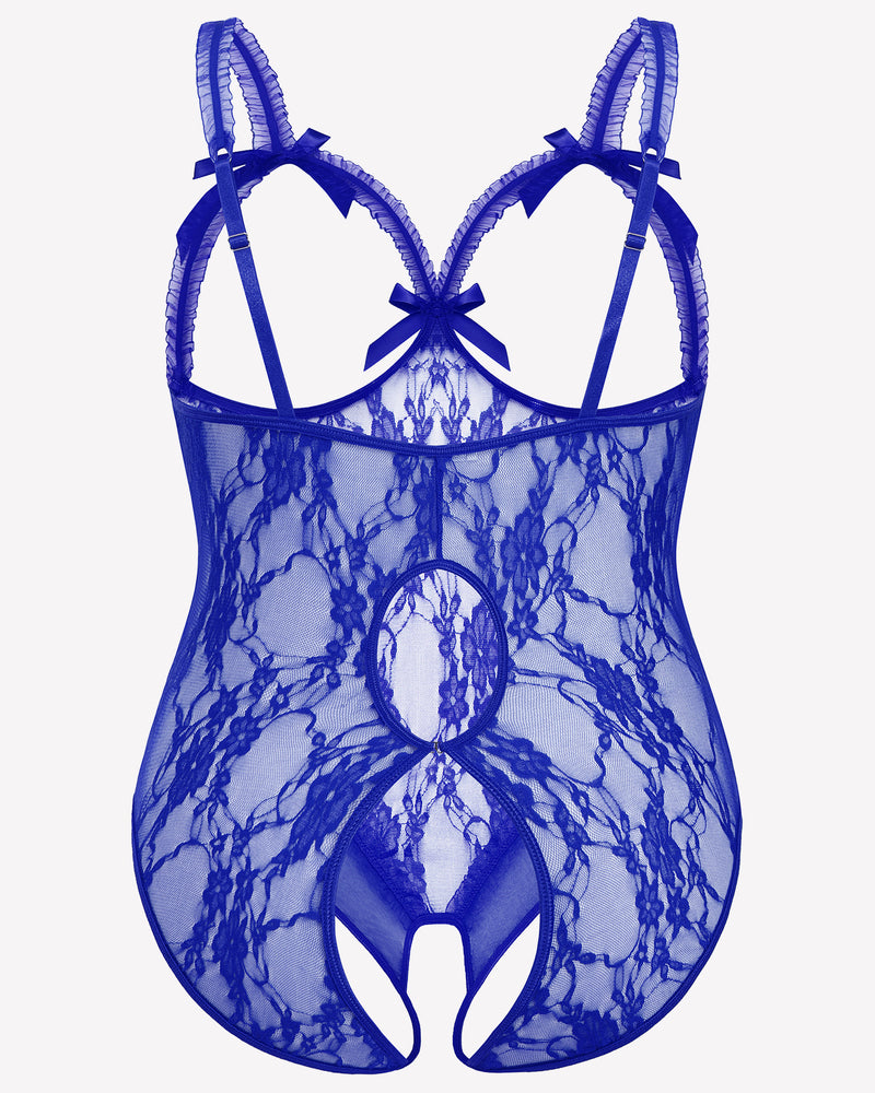 Royal Blue Plus Size Lace Crotchless Teddy with Bows and Adjustable Straps