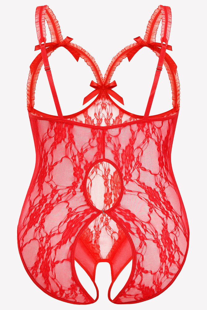 Red lace plus size crotchless teddy with adjustable straps and bows