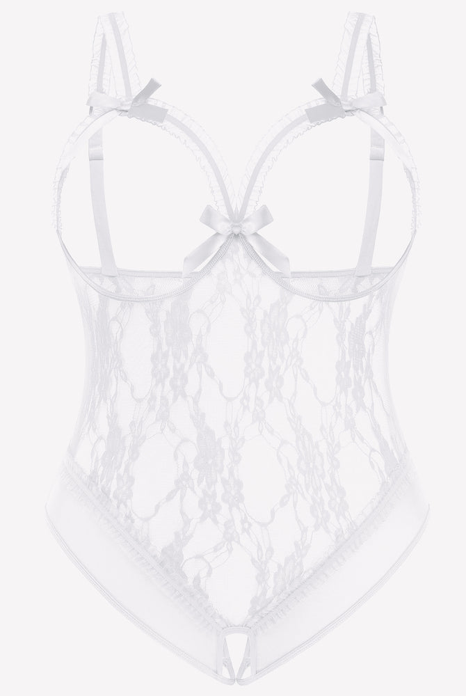 White Plus Size Crotchless Lace Teddy with Bows and Adjustable Straps