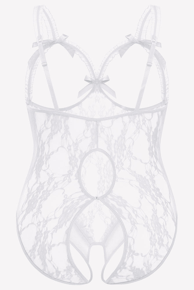 White plus size crotchless lace teddy with bows, adjustable straps, and open back