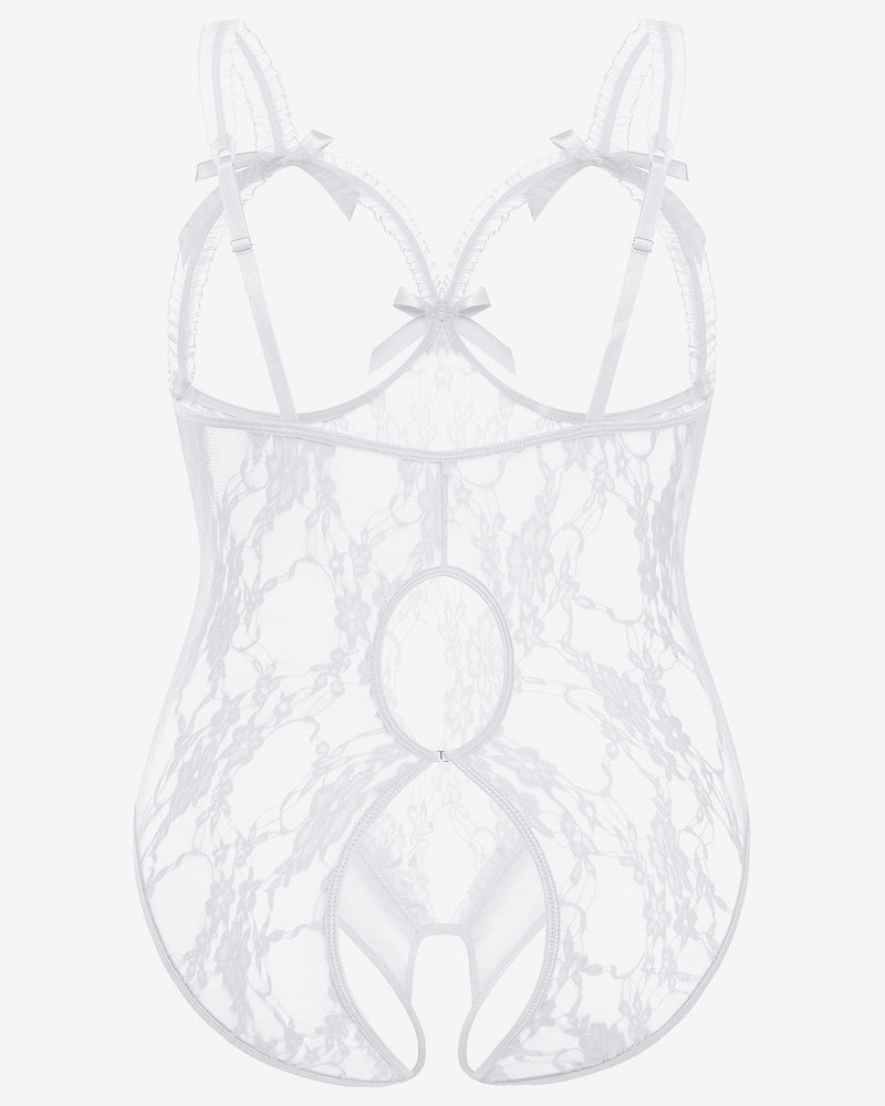 White plus size crotchless lace teddy with bows, adjustable straps, and open back