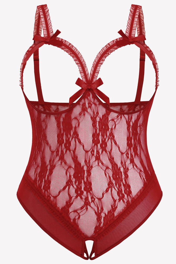 Red Lace Plus Size Crotchless Teddy with Bows and Adjustable Straps