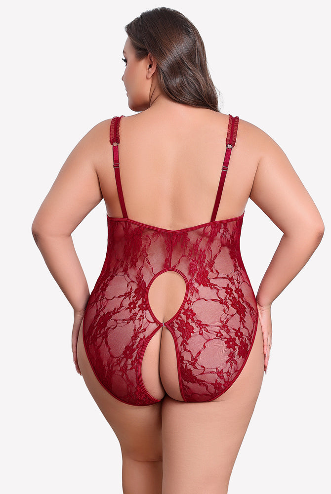 Plus Size Burgundy Lace Crotchless Teddy with Adjustable Straps and Open Back