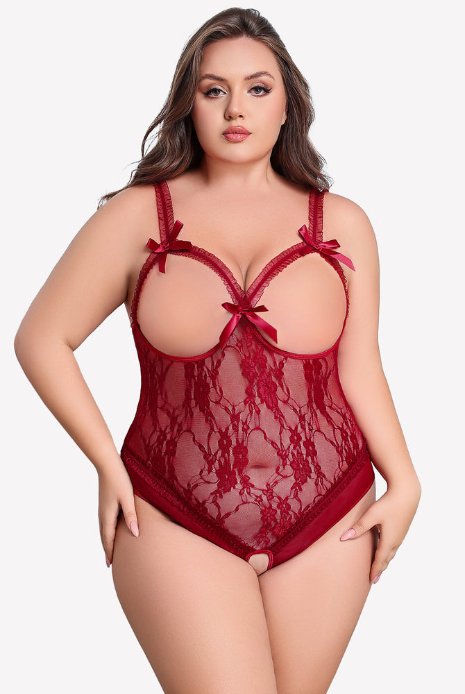 Plus Size Burgundy Lace Crotchless Teddy with Bows and Adjustable Straps