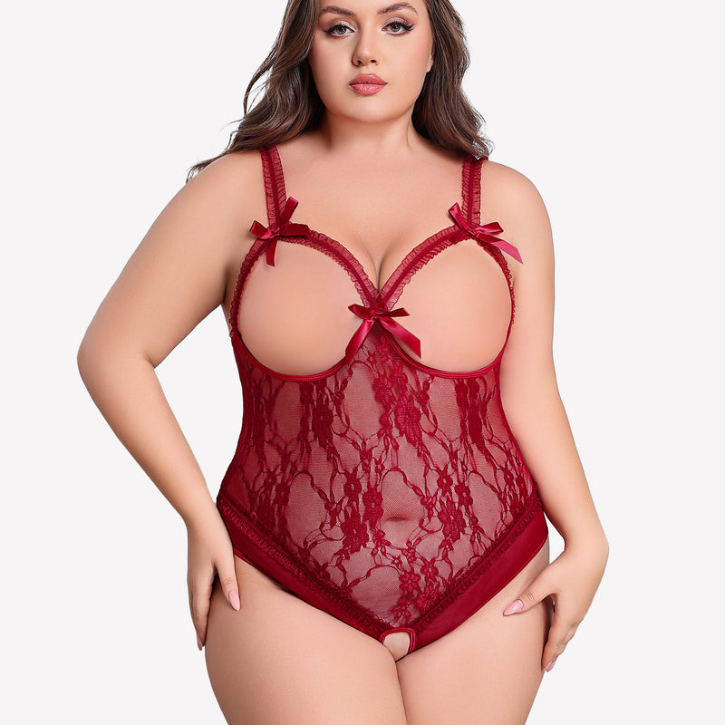 Plus Size Burgundy Lace Crotchless Teddy with Bows and Adjustable Straps