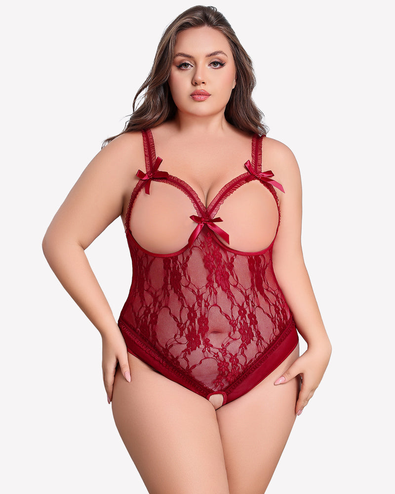 Plus Size Burgundy Lace Crotchless Teddy with Bows and Adjustable Straps