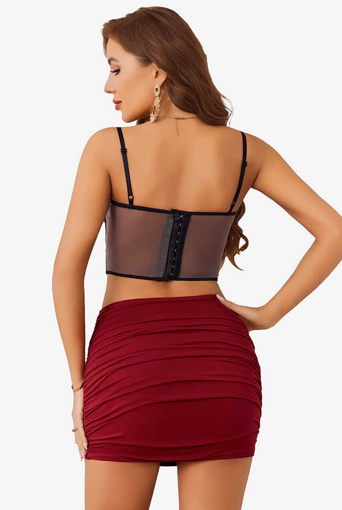 Burgundy ruched mini skirt with black bustier top, party outfit, double-layer fabric, bodycon fit