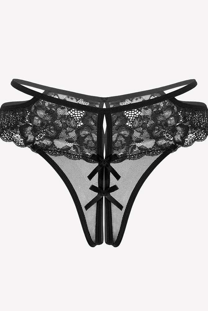 Black lace cheeky mesh thong with floral lace, bows, and belt design for romantic nights.